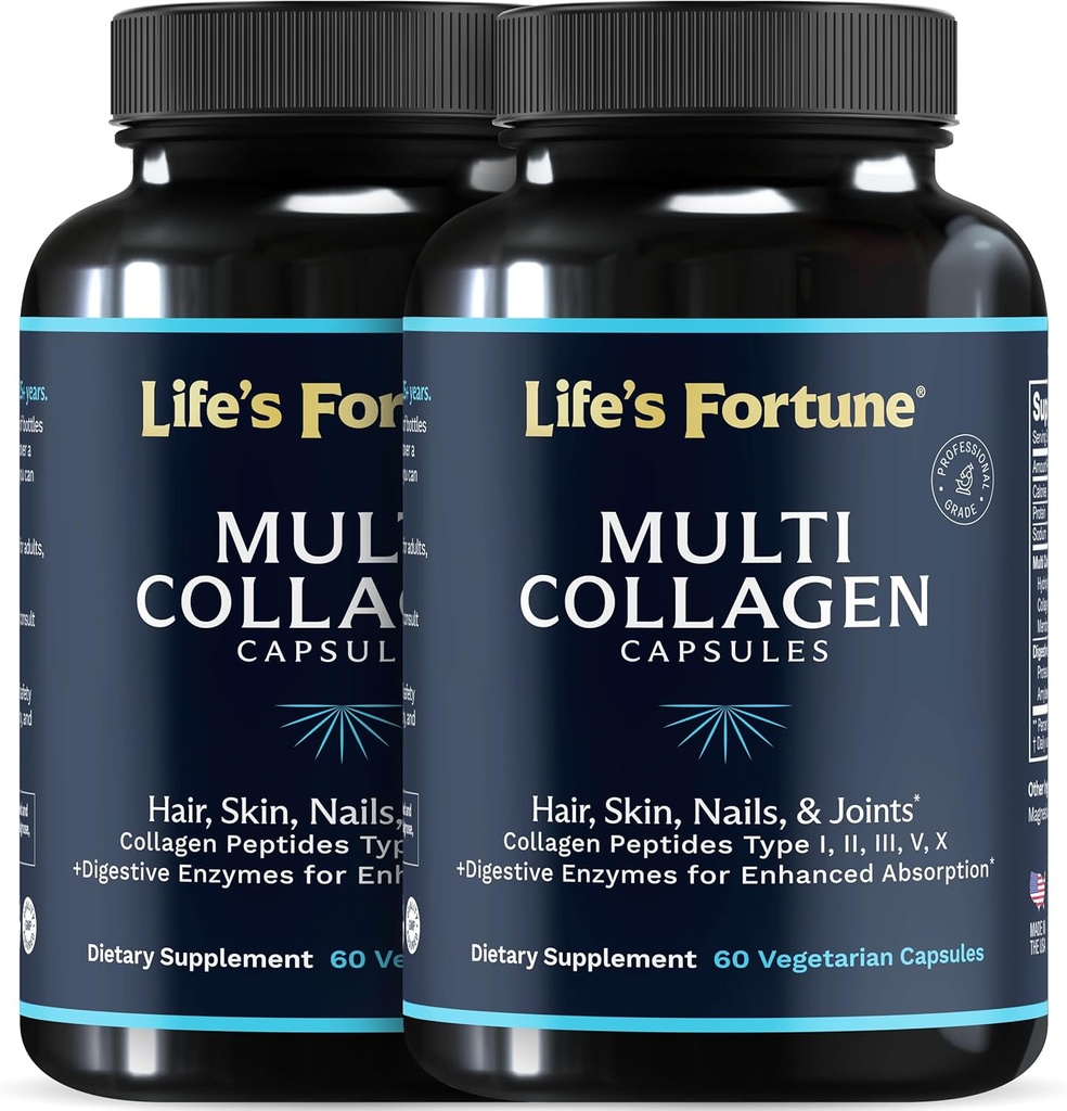 Multi Collagen, Tipleri I, II, III, V & X Hydrolyzed Protein Capsules – Grass-Fed, Blend with Digestive Enzyme - For Skin, Hair, Nails, Commons & Gut Health, Unflavored (60 Kont)