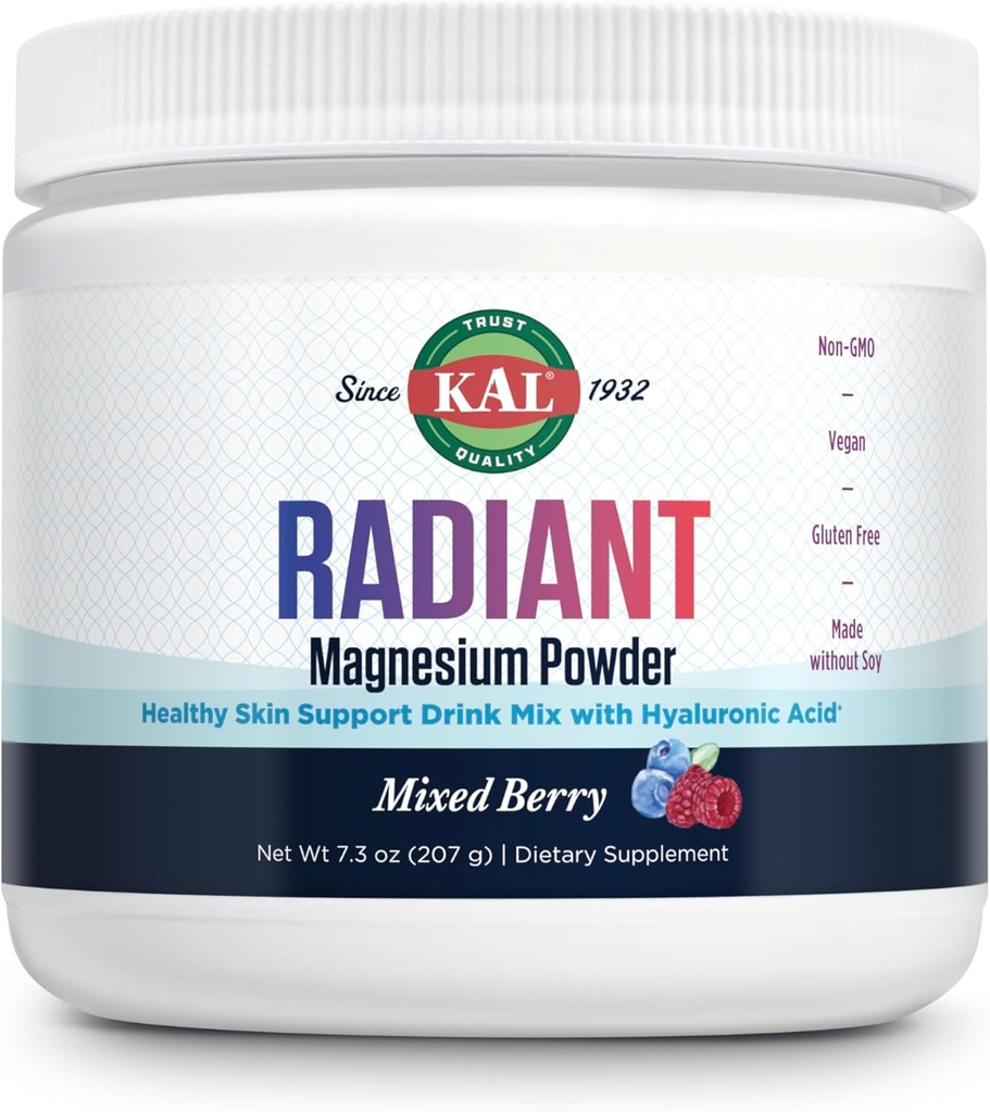 KAL Radiant Magnezyum Toz, Karma Berry Flavor, Hyaluronik Asit ve Supplement Magnezyum, Skin & Antioksi Desteği, Sugar Free, 60 Hizmet, 7.3 OZ