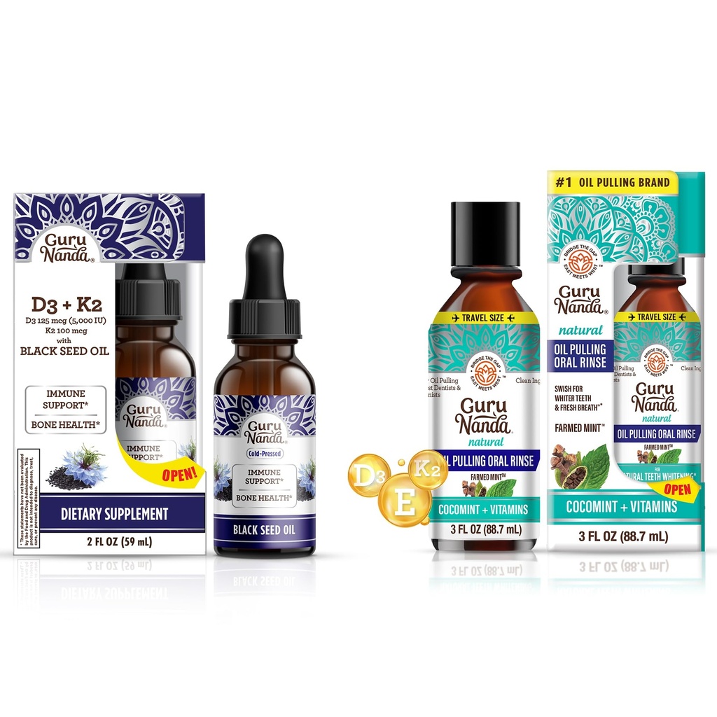 GuruNanda Black Seed Oil 5000 IU Vitamin D3, K2 & E + Coconut Oil Pulling with Essential Oils Vitamin D3, E, K2 for Immune Support, Oral Hijyen
