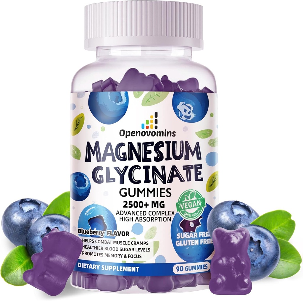 Γλυκινικό μαγνήσιο Glycinate Gummies 2500mg - Συμπλήρωμα χωρίς ζάχαρη Μαγνήσιο Κάλιο με βιταμίνη D, B6, CoQ10 για υποστήριξη ηρεμίας & ύπνου - 90 Gummies βατόμουρο