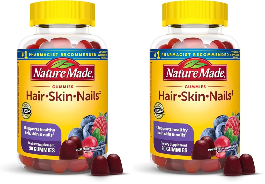 Nature Made Hair Skin and Nails with Biotin 2500 mcg, Dietary Supplement for Health Hair, Skin & Nails Support, 90 Gummies, 45 Day Supply (Pack of 2)