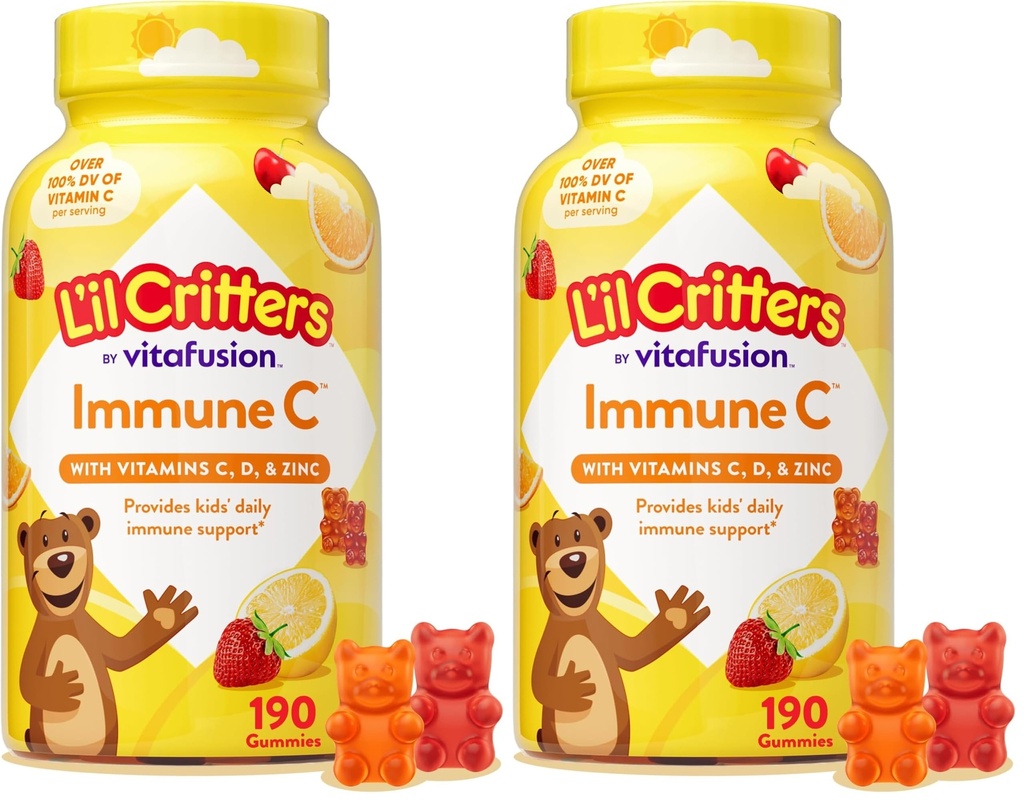 L'il Critters Immune C Daily Gummy Supplement Vitamin for Kids, for C, D ve çinko for Immune Support, Orange, Lemon ve Cherry Flavors, 190 Gummies (Pack of 2)