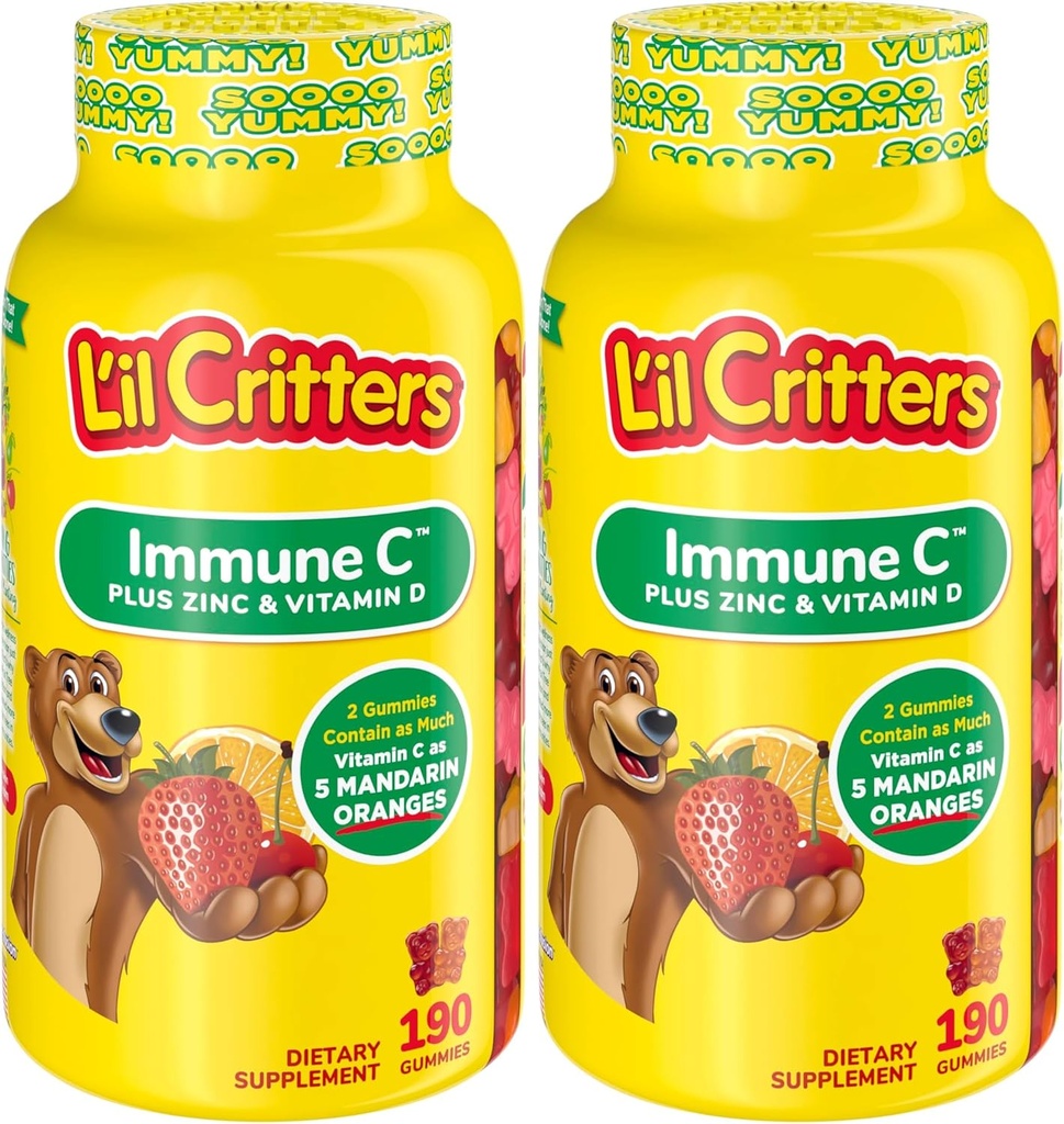 L’il Critters Ανοσοποιητικό C Καθημερινή Συμπληρώματα Gummy Βιταμίνης για Παιδιά, για Βιταμίνη C, D και Ψευδάργυρο για Ανοσολογική Υποστήριξη, Πορτοκάλι, Λεμόνι και Κεράσια Γεύσεις, 190 Gummies (Pack of 2)