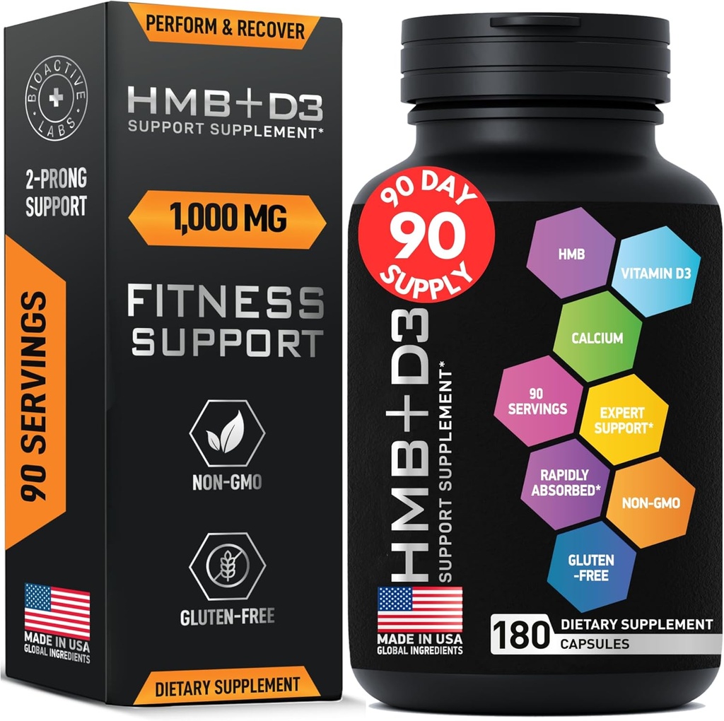 HMB Supplements with Vitamin D3 - 1,000mg Calcium Beta-Hydroxy Beta-Methylbutyrate per Serving for Muscle Growth, Strength & Recovery - 180 Gluten-Free, Non-GMO HMB Capsules, 3-Month Supply