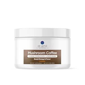 Dr. Emil Mushroom Coffee for Focus & Energy - Instant Coffee with Lions Mane, Chaga & Cordyceps - Delicious Caramel Flavor & Potent Mushroom Toz Mix