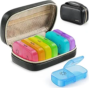 AUVON Weekly Pill Organizer 2 Times a Day with PU Leather Bag, Travel AM PM Pill Box 7 Day with One-Side Large Opening Design for Easy Filling, Portable Pill Case for Vitamins, Medication, Supplements
