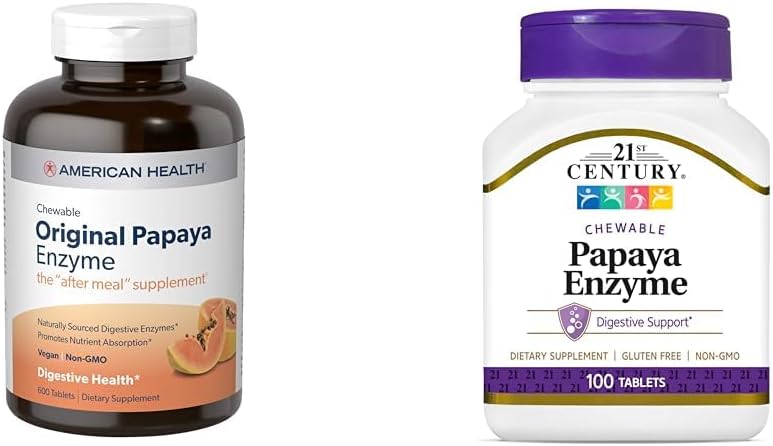 American Health Papaya Digestive Enzyme Chewable Tabletler 600 Kont ve 21. Yüzyıl Tropikal Papaya Enzyme Chewable Tabletler 100 Kont