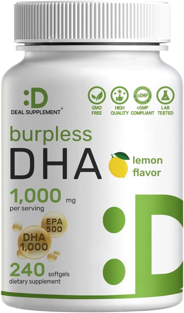 DHA Supplements | 240 Softgels, Burpless, Lemon Flavor, DHA 1000 mg + EPA 500 mg, Vahşi Caught Fish, Omega-3s, Mercury Free, Non-GMO, Support Brain Heart & Joint Health