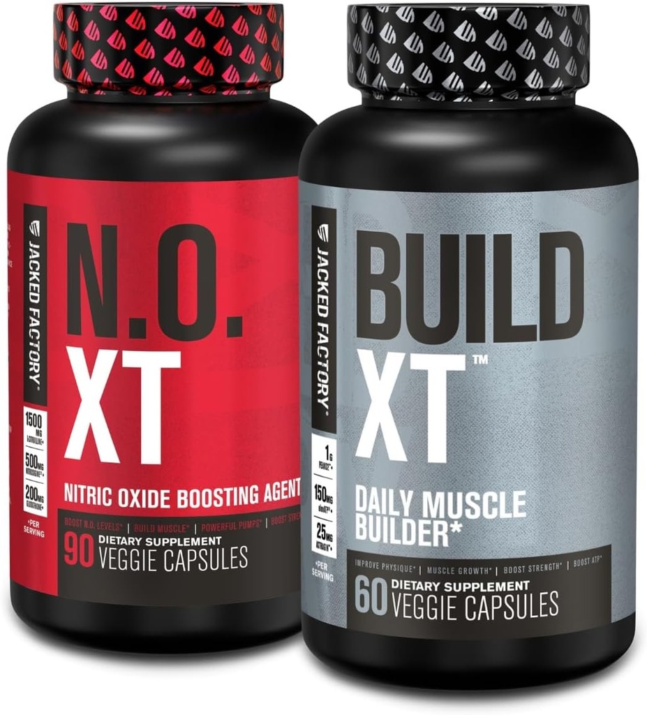 Jacked Factory Muscle Builder Supplement Stack - Build-XT Muscle Builder & N.O. XT Nitric Oxide Booating Agent for Dual Support (30 Day Supply)