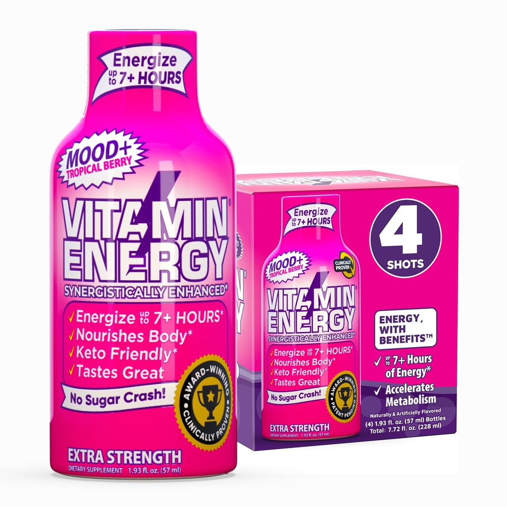 Energy Mood+ Ekstra Güçlü Enerji Shot Tropikal Berry 4 Pack, 260 mg Natural Caffeine, B-Vitamins, Rhodiola, Chamomile, Mood & Energy Support, Zero Sugar, Gluten-Free, Vegan, 1.93 fl ozzz