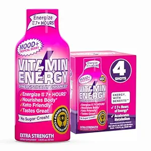 Vitamin Energy Mood+ Extra Strength Energy Shot Tropical Berry 4 Pack, 260mg Natural Caffeine, B-Vitamins, Rhodiola, Chamomile, Mood & Energy Support, Zero Sugar, Gluten-Free, Vegan, 1.93 fl oz