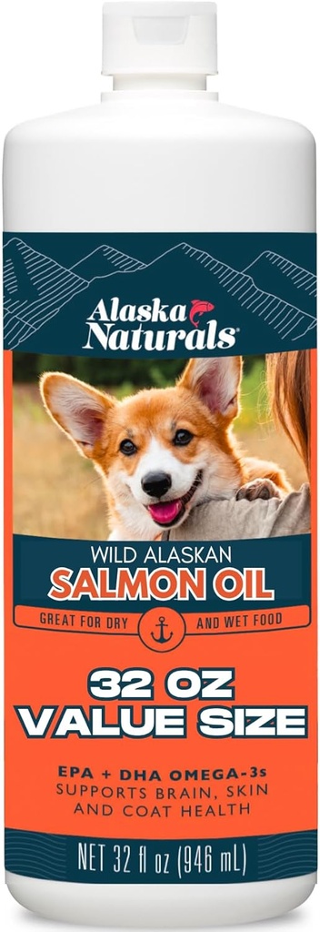 Alaska Naturals Wild Alaskan Salmon Fish Oil Supplement for Dogs Skin and Coat with EPA DHA Omega 3 Fatty Acids Liquid Food Topper 32 oz.