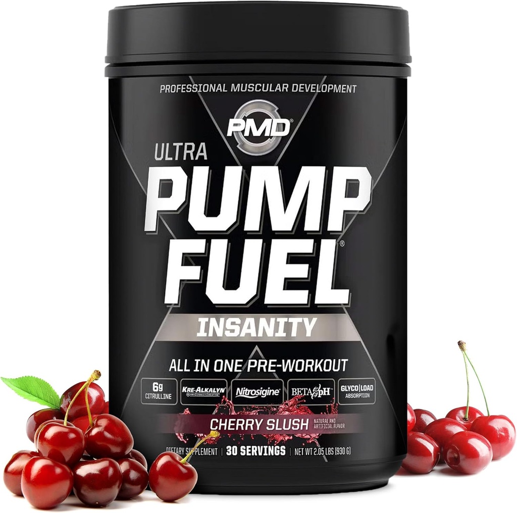 PMD Sports Pump Yakıt Insanlığı - Premium Pre Workout Toz & Muscle Pump, Greater Focus, Endurance & Recovery, Premium Kreine, Arginine & Beta Alanine - Cherry Slush (30 hizmet)