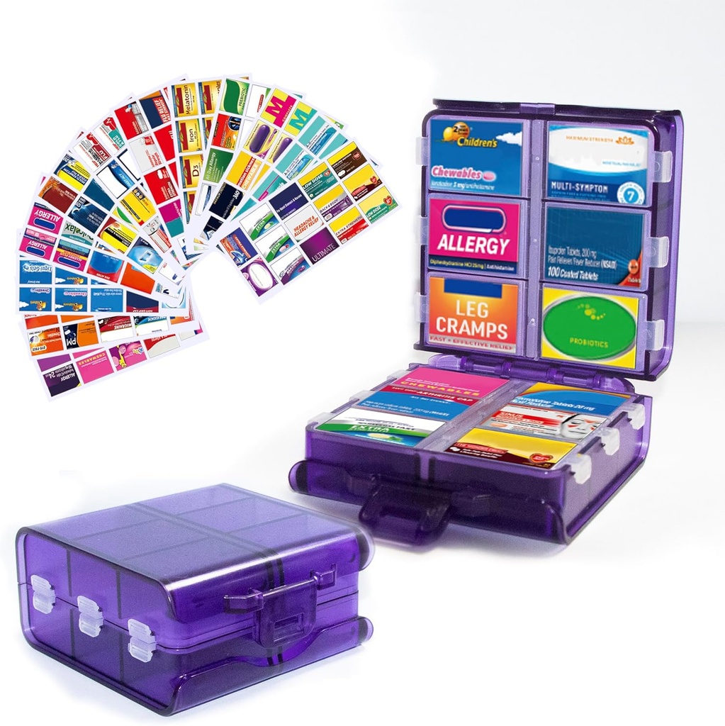Büyük Pill Organizer Tıp Etiketler, Pill Akrilik 12Compartment Travel Drug Storage Case, 7-Day Pill Box for Vitamins & Supplements (Purple, 161 Etiketler)