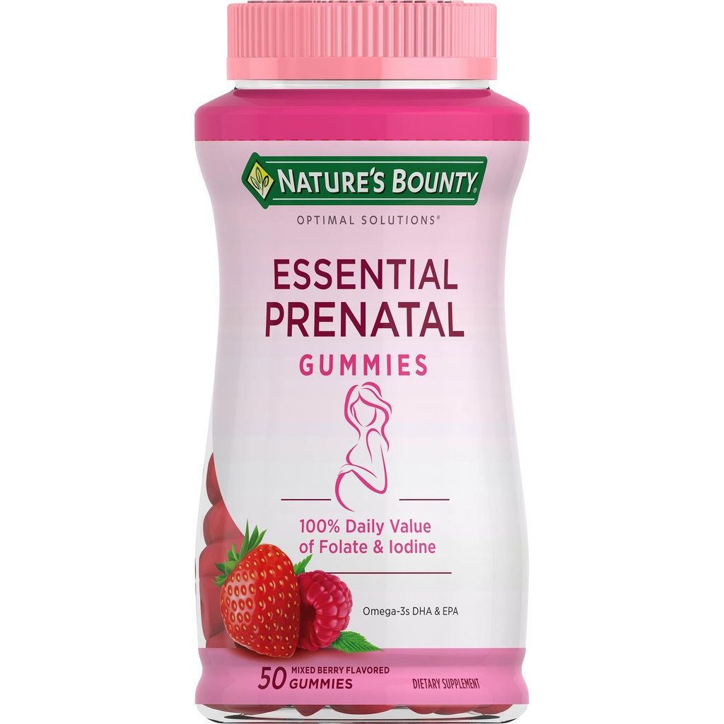 Nature's Bounty Optimal Solutions Essential Prenatal Gummies, Folic Acid ve Iodine, Omega 3 ve DHA, 50 Count, 25 Total Services