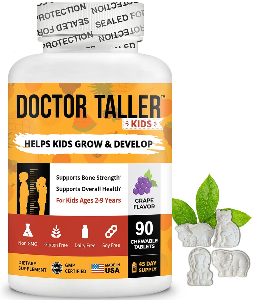 Doctor Taller Kids - Παιδιά Πολυβιταμίνες, Βιταμίνες Toddler - Υποστήριξη Δύναμη των οστών, Ενισχυμένη Ανοσία με Ασβέστιο, Πολυβιταμίνες για Ηλικίες 2 έως 9 - Γεύσεις Σταφυλιού - 90 Μασώμενα Δισκία 