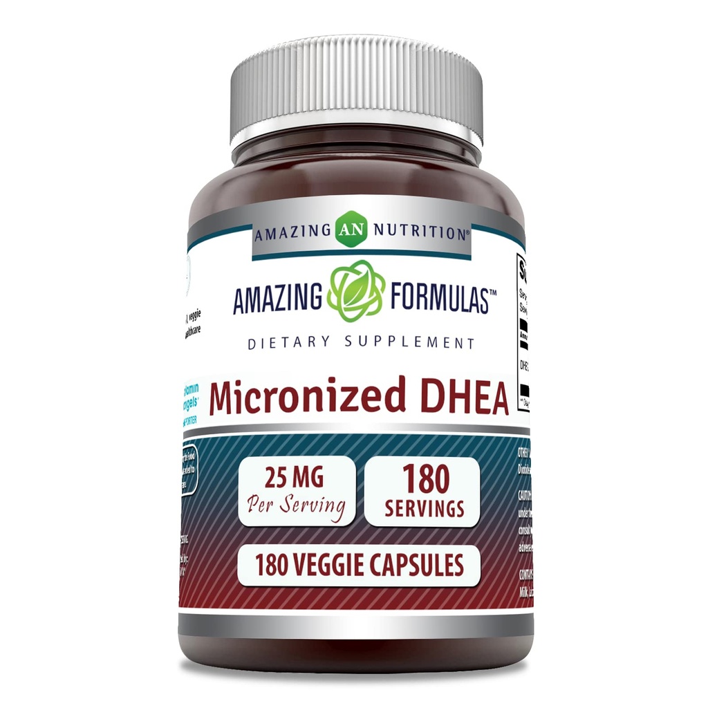 Amazing Formulas Micronized DHEA 25mg 180 Veggie Capsules Supplement | Non-GMO | Gluten Free | Made in USA | Ideal for Vegetarians | Dehydroepiandrosterone Capsules for Men & Women (1 Pack)