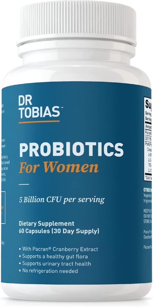 Dr. Tobias Kadınlar için Probiyotikler, 5 Milyar CFUs Plus Urinary Tract Health for Women, Supports Digestive & Immune Health, 60 Capsules, 30 Hizmetler