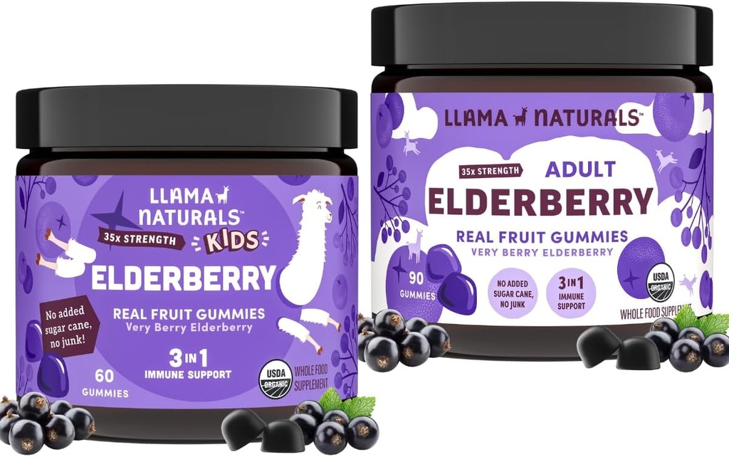 Llama Naturals Real Fruit Sambucus Elderberry Gummies for Kids & Yetişkinler | Nodrew Sugar Cane, Vegan, Organik Immune Support | çinko & Natural Vitamin C | Plant-Based, Chewable Gummies for Whole Fawable Gummies