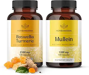 HERBAMAMA Boswellia Turmeric ve Mullein Leaf Capsules Kit - 2100 mg Boswellia Turmeric & 1200 mg Mullein Leaf Capsules - Vegan, GMO, Gelatin-Free - 2 Pack