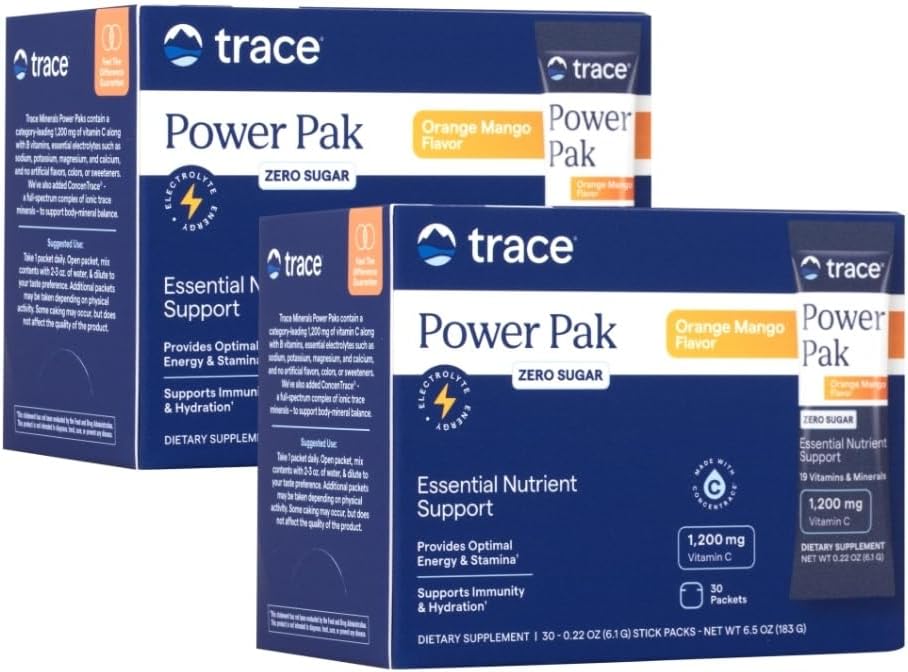 Trace Minerals Power Pak Multivitamin ve Multimineral Packets - Elektrolyte Support - 1200 mg C artı 70+ Trace Minerals - Sugar Free - Orange Mango Flavor - 60 Packets