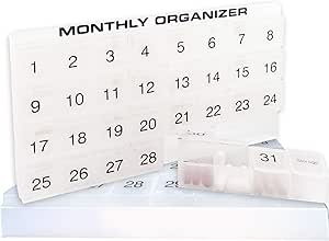 31 compartments, 1 per Day, 4 Week Monthly Pill Organizer by Promed. Includes Tray and 8 Removable compartments. (White)