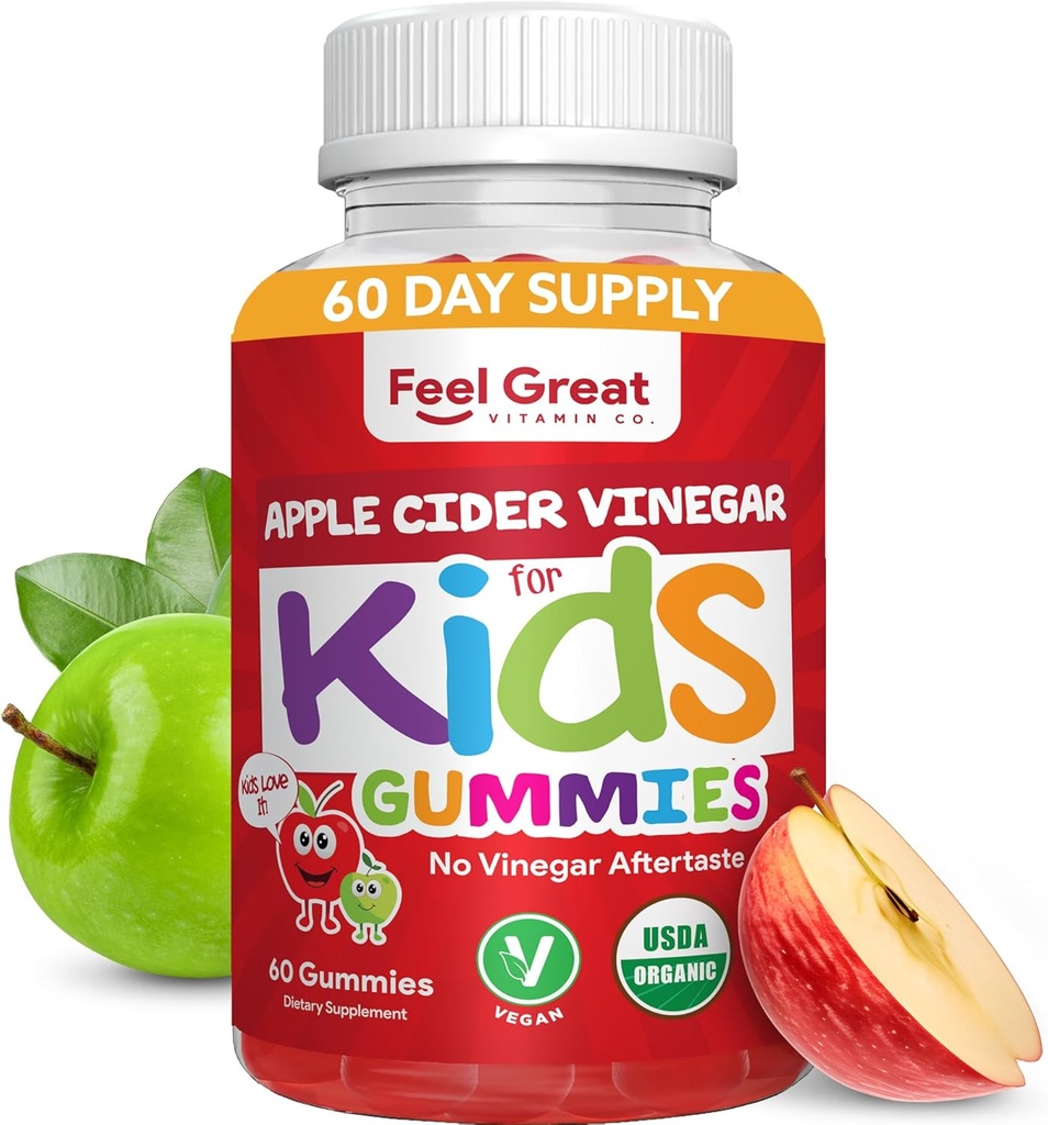 Organik Çocuklar Apple Cider Vinegar Gummies by Feel Great Vitamins | Rich in Digestive Enzymes & Natural Antioksis for Gut Health | Kids Gummy Supports Health Nutrient Abxia | 60 Day Supply
