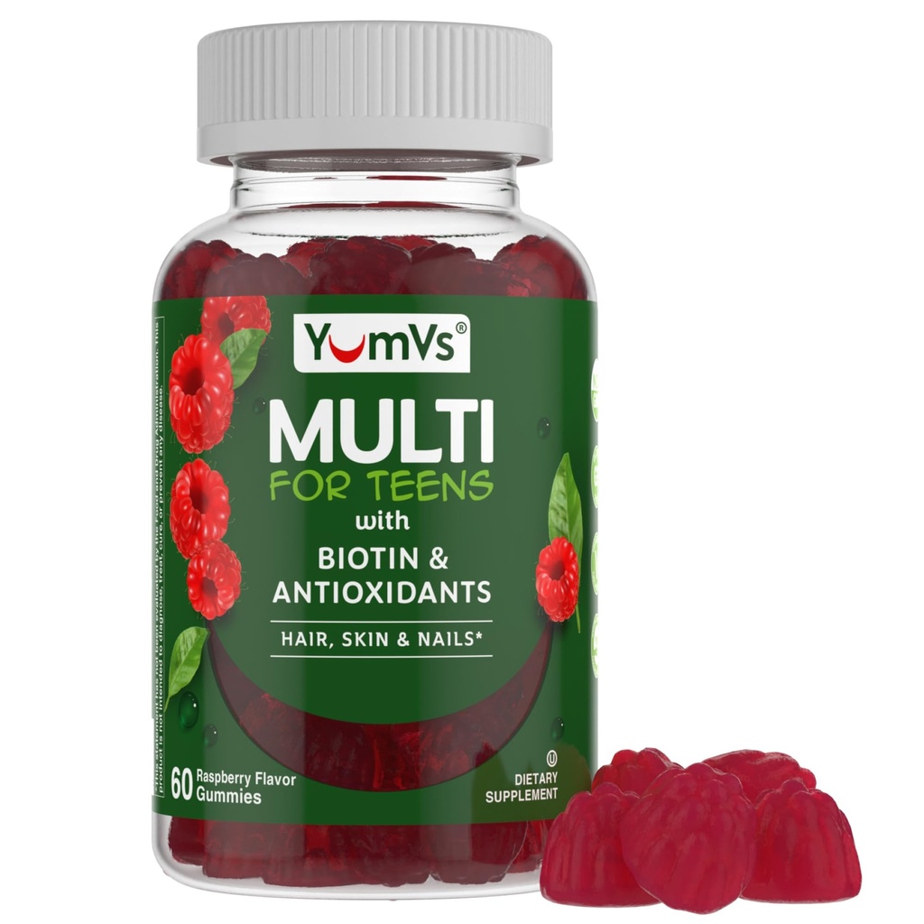 YumVs Teen Multivitamin Gummies with Biotin and Antioksis - Raspberry Flavor - Saç Skin Nails Desteği - 12-17 - Teen Gummy Multi Vitamin (60 Kont)