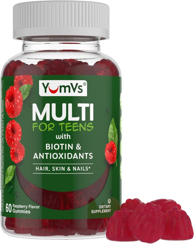 YumVs Teen Multivitamin Gummies with Biotin and Antioksis - Raspberry Flavor - Saç Skin Nails Desteği - 12-17 - Teen Gummy Multi Vitamin (60 Kont)