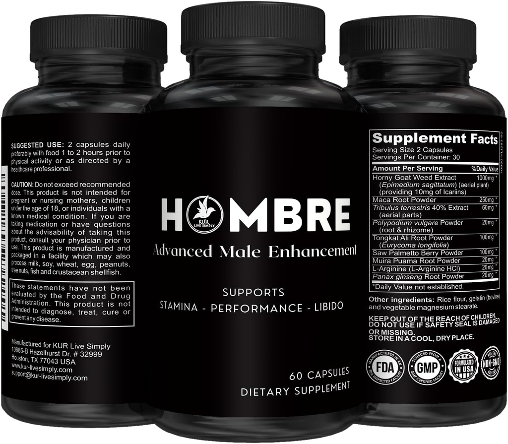 Hombre Male Enhancing Supplement – Προσθέστε 2 σε 60 ημέρες με τα χάπια διεύρυνσης για άνδρες ανάπτυξη των μυών – Αύξηση μεγέθους, δύναμης, Stamina – Αντοχή, απόδοση, ενίσχυση ενέργειας - 60 κάψουλες