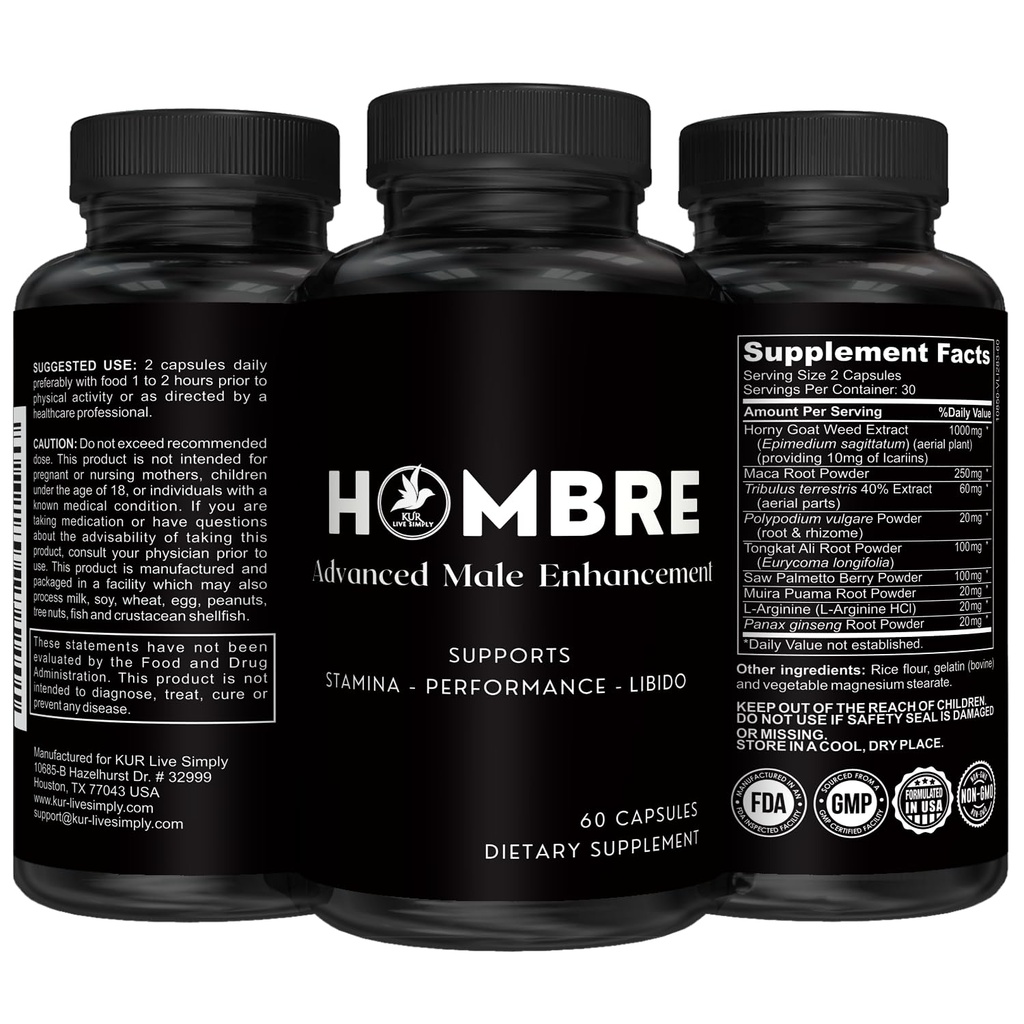 Hombre Male Enhancing Supplement – Add 2 in 60 Days With Our Enlargement Pills for Men Kas Büyümesi – Boyut, Güçlü, Stamina – Endurance, Performans, Enerji ATM - 60 Capsules