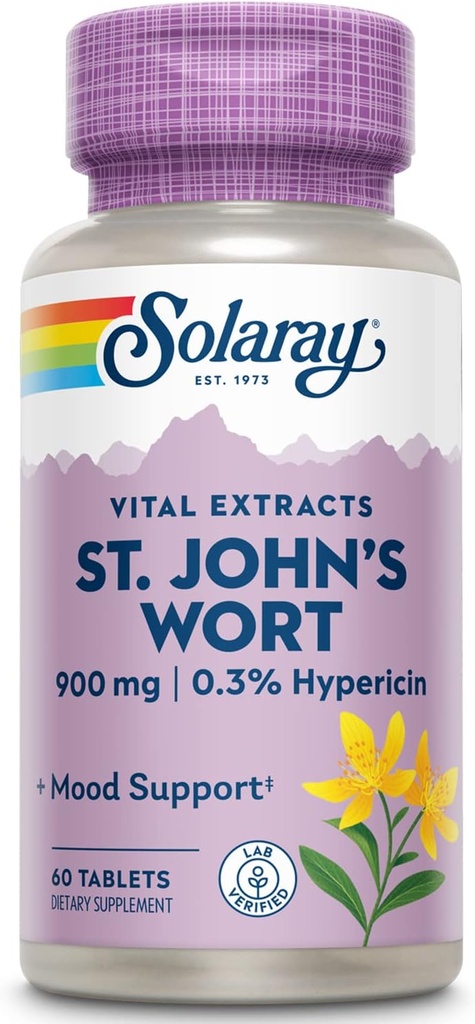 SOLARAY St. Johns Wort Aerial Extract One Daily 900mg, Standardized w/ 0.3% Hypericin for Mood Stability & Brain Health Support, Non-GMO |60 Servings | 60 Tablets
