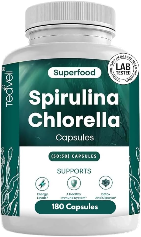 Teaveli Organic Spirulina και Chlorella Capses – 180 Chlorophyll Pills, Blue Green Algae Powder Caps to Support Detox, Mitochondria & Energy– 3X Περισσότερα Chlorella Spirulina Powder/Serving