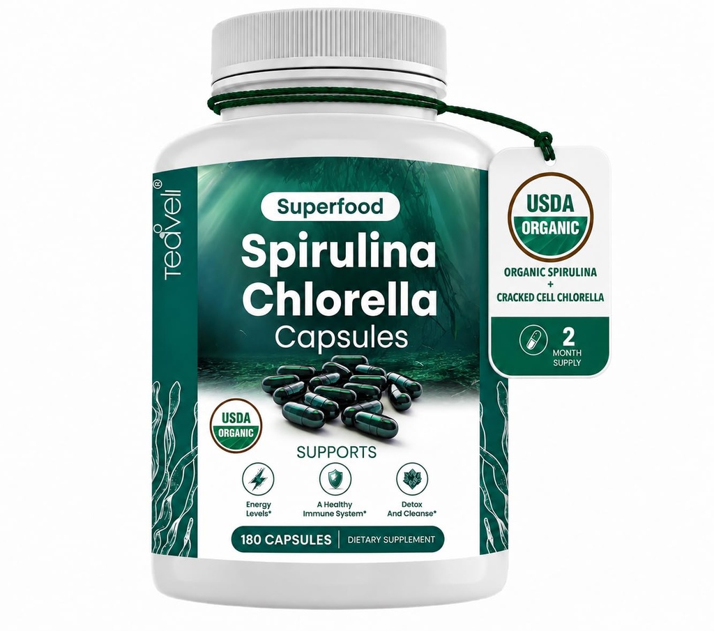 Teaveli Organic Spirulina και Chlorella Capses – 180 Chlorophyll Pills, Blue Green Algae Powder Caps to Support Detox, Mitochondria & Energy– 3X Περισσότερα Chlorella Spirulina Powder/Serving