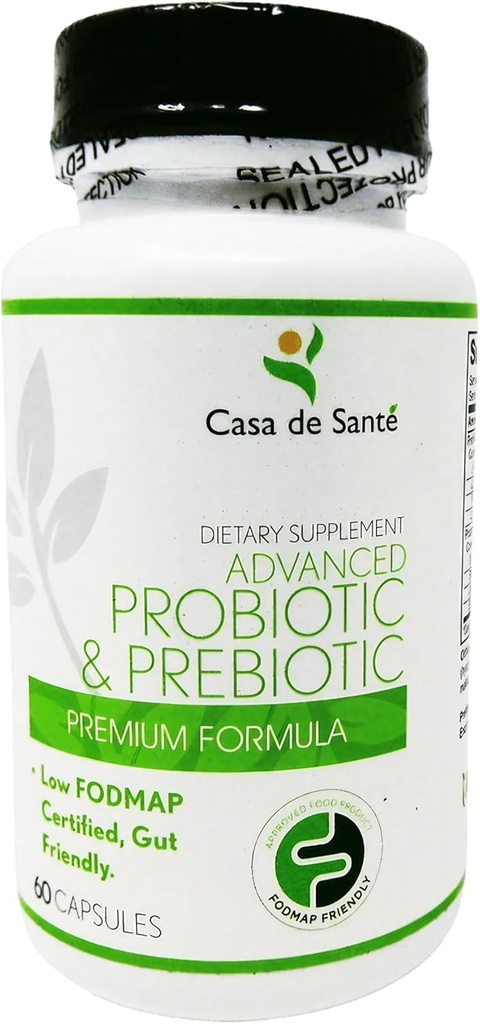 Casa de Sante Low FSUNAP sertifikalı Probiyotik & Prebiyotik Synbiyotik Supplement, IBS IBD & SIBO Dairy Free Vegan, Soy/Gluten/Inulin Free Non GMO No Bloating (60 Caps)