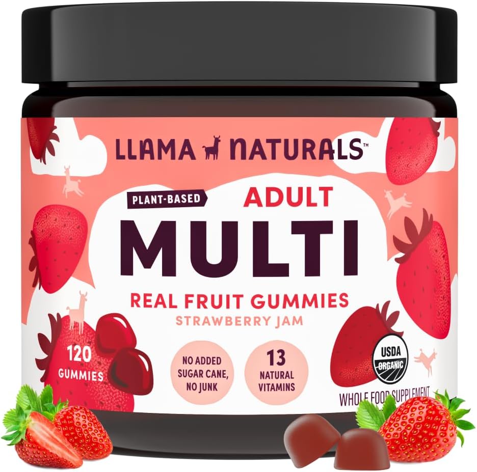 Llama Naturals Multivitamin for Women & Men, Vegan, Organik Gummies with Vitamin D, C & K, Yetişkinler Real Fruit Gummy Vitamins, Chewable Multivitamin Supplement, No added Sugar Cane, Strawberry, 120 Ct