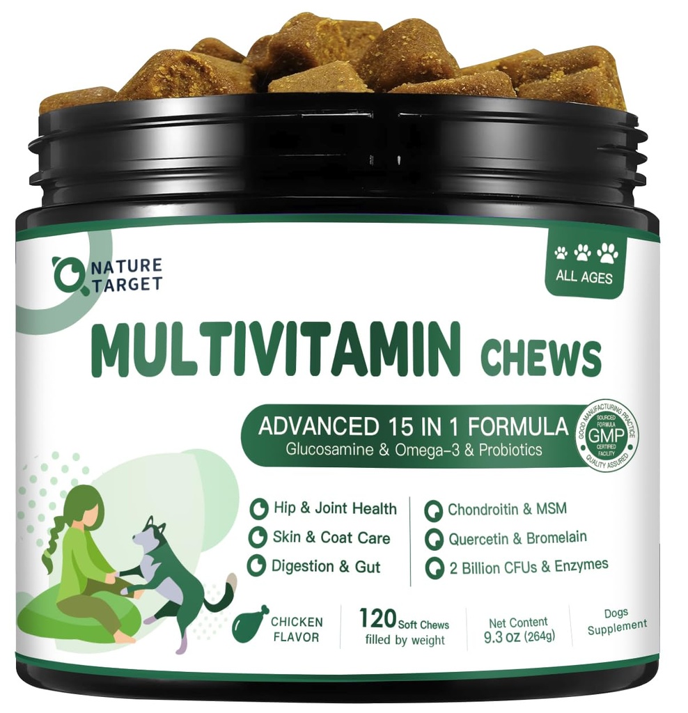 NATURE TARGET Multivitamin for Dogs - με MSM & Γλυκοζαμίνη, Ωμέγα 3 & 6, Προβιοτικά για Digestive Υγεία, Κοινή Υποστήριξη, Δέρμα & Κάλυμμα, Ανοσοποιητικό Σύστημα & Συνολική Υγεία 120 Μαλακά Μάσα