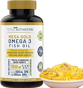 Omega 3 Fish Oil Supplement – 2000 mg with EPA DHA & Vitamin E - Burpless, Triple Strength Support for Men & Women - 120 Easy Sw Softgels