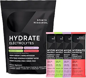 Sports Research® Hydrate Electrolytes Powder Packets - Χωρίς ζάχαρη & Φυσικά αρωματισμένο με βιταμίνες, ορυκτά και νερό καρύδας - Υποστηρίζει ενυδάτωση - 32 πακέτα - Ποικιλία Pack