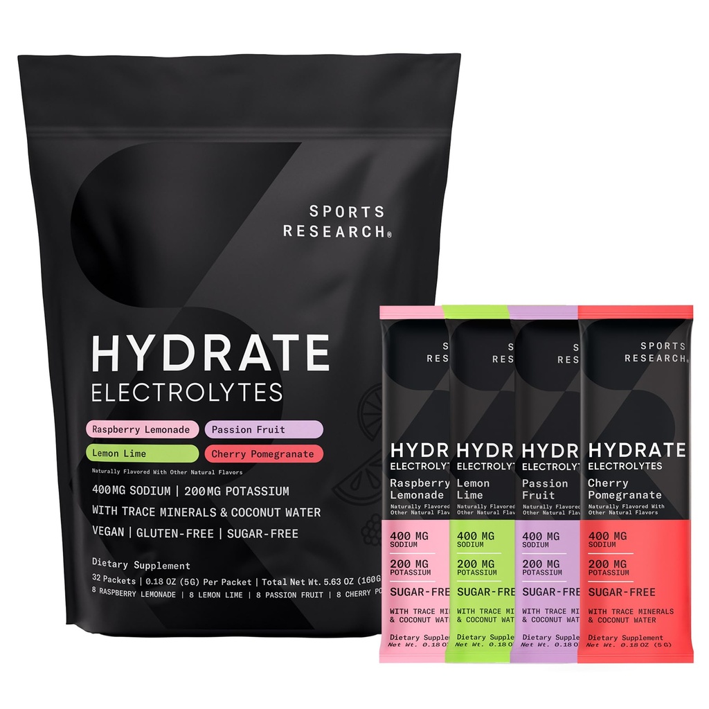 Sports Research® Hydrate Electrolytes Toz Paketleri - Sugar-Free & Natural Flavored with Vitamins, Minerals, and Coconut Water - Supports Hydration - 32 Packets - Çeşitli Paketler