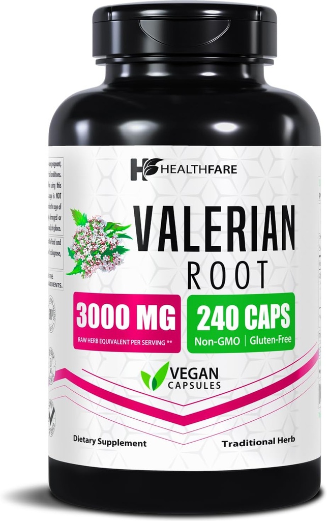 Healthfare Valerian Root Capsules | 3000 mg Yüksek Potency | 240 Vegan Pills | Herbal Supplement for Relaxation & Sleep Support | Non-GMO, Gluten-Free, Made in USA