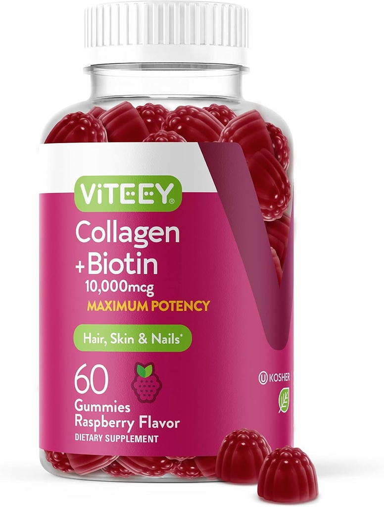 Saç Skin ve Çiçeği Vitaminleri için Biyotin Gummies ile Viteey Collagen Gummiess - Kadınlar ve Erkekler için Biyotin Gummies – Vegan, Gluten-Free – 60 Count