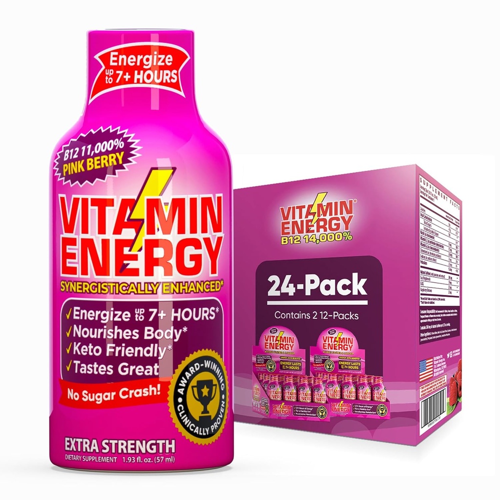 Enerji B12 11,000 Ekstra Kuvvetli Enerji Shot Pink Berry 24 Paketi, 260 mg Doğal Caffeine, B12 & B6, Nootropic Focus, Vitality, Zero Sugar, Gluten-Free, Vegan, Kosher, 1.93 fl ozzz