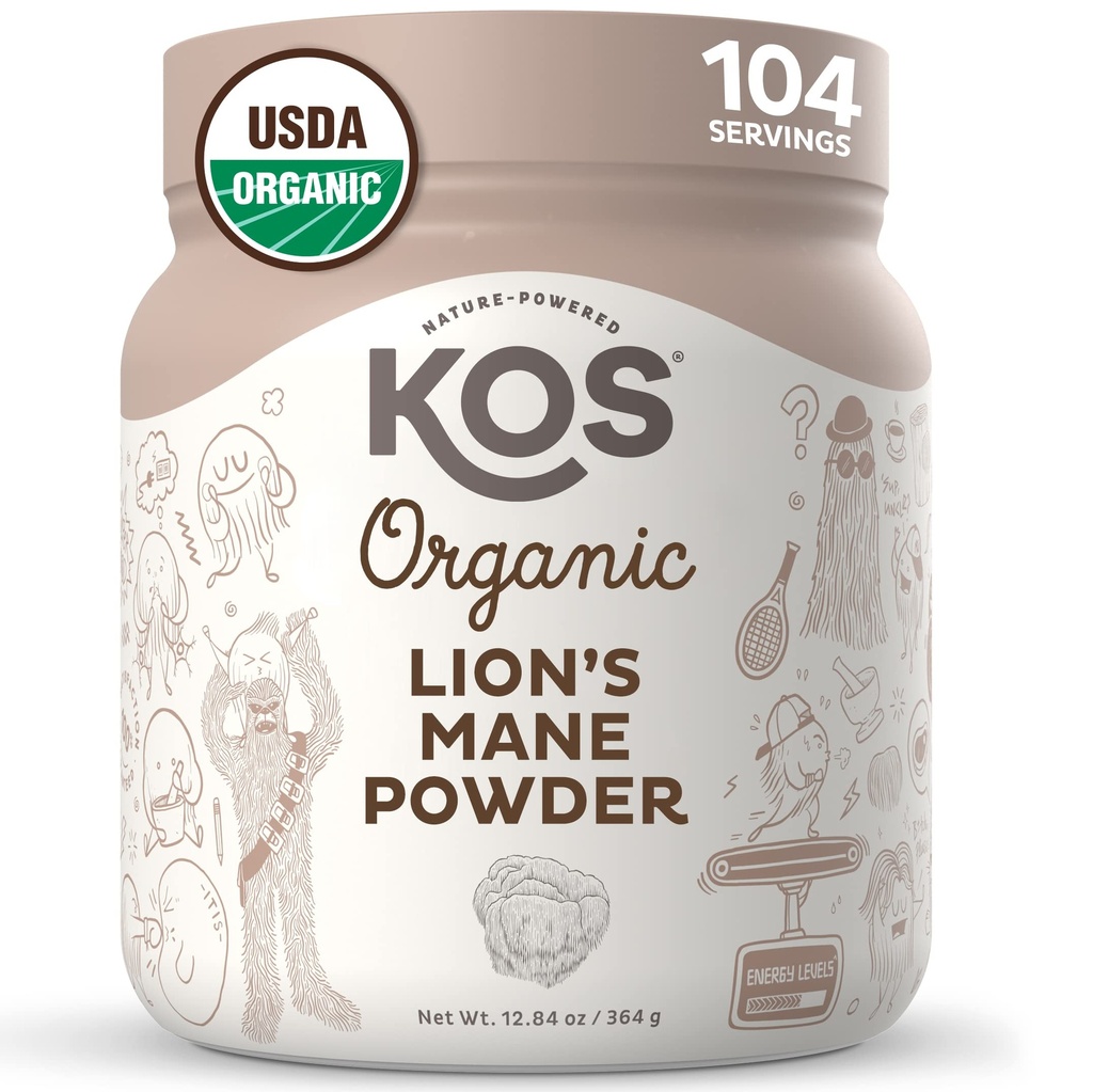 KOS Organik Lion's Mane Toz - Doğal Nootropic Superfood - Vegan Fonksiyonel Mushroom, Plantive, USDA sertifikalı, Non-GMO, Soy & Gluten-Free - 104 Servisler