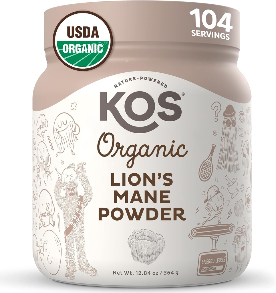 KOS Organik Lion's Mane Toz - Doğal Nootropic Superfood - Vegan Fonksiyonel Mushroom, Plantive, USDA sertifikalı, Non-GMO, Soy & Gluten-Free - 104 Servisler