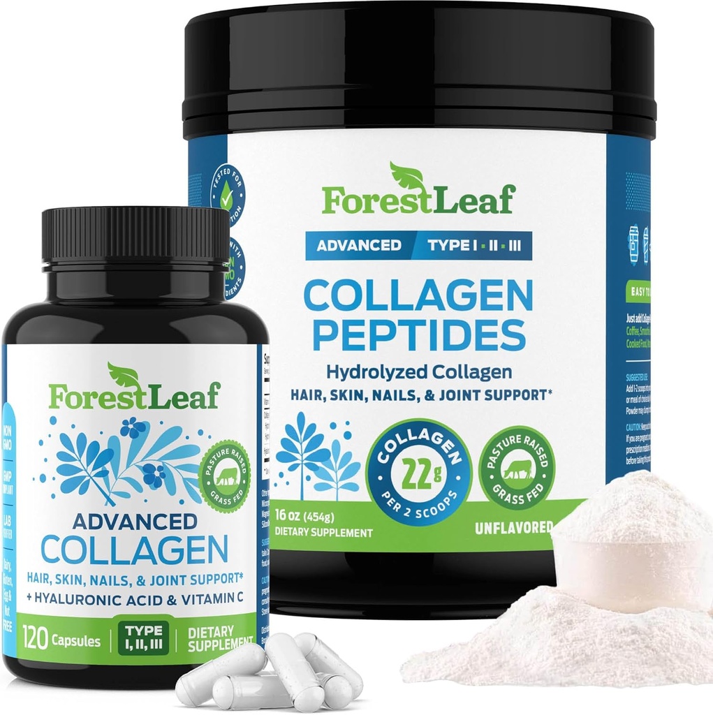 ForestLeaf Collagen Συμπληρώματα Bundle - 2-in-1 Hydrolyzed Collagen Peptides Peptides Powder and Collagen Pills - Grass Fed Bovine Collagen for Women and Collagen for Men