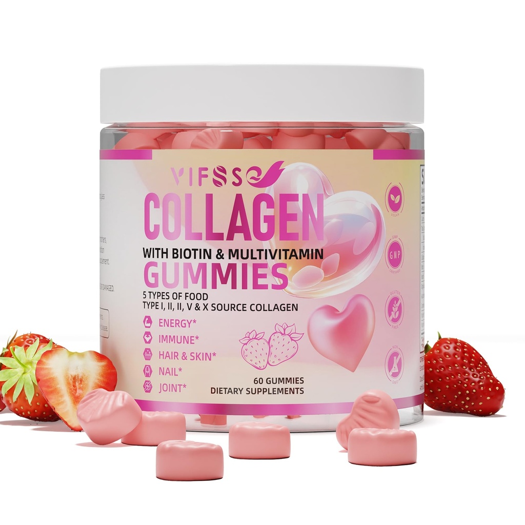 Kadınlar için Collagen Peptide Gummies,120 Sugar-Free Hydrolyzed, Ekstra Güçlü 2500 mg Protein Tip I,II,III,V,X, 15000 ile Biotin ve A B6 B12 C D E için