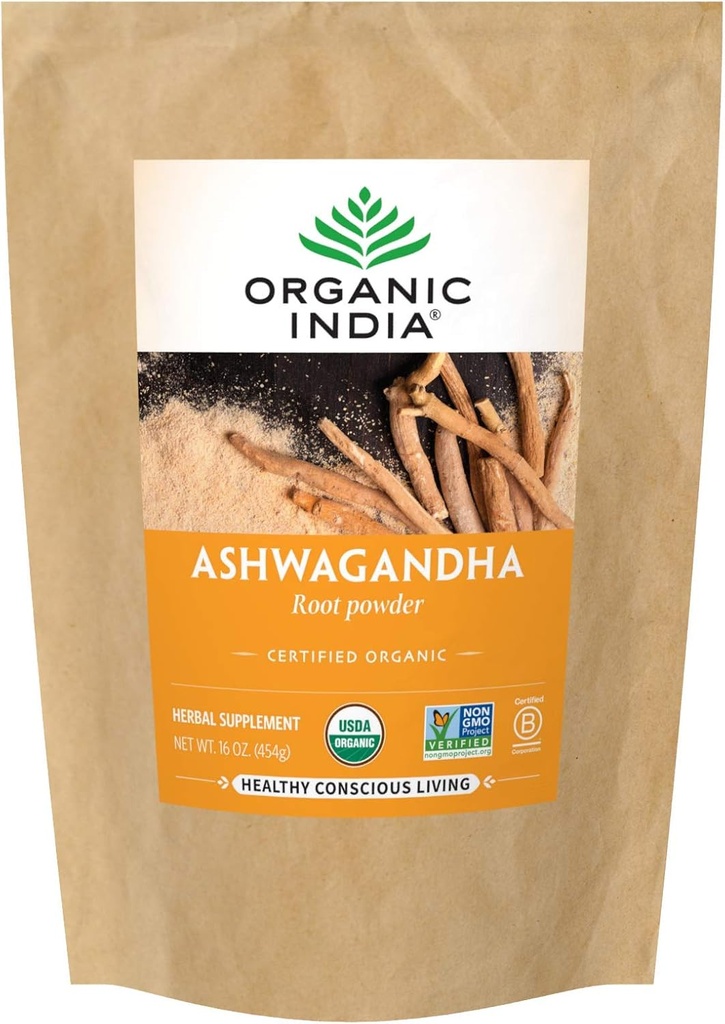 Οργανική σκόνη ORGANIC INDIA Ashwagandha - Ashwagandha Root Powder Bulk, συμπλήρωμα βοτάνων - Vegan, χωρίς γλουτένη, Kosher, μη GMO, υποστηρίζει ανακούφιση στρες, ενέργεια, και ύπνο - 1lb τσάντα