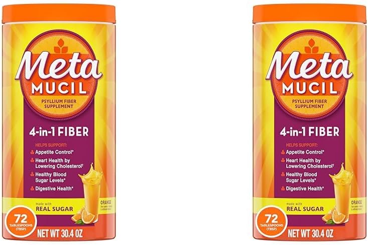 Metamucil Fiber, 4-in-1 Psyllium Fiber Supplement Powder with Real Sugar, Orange Smooth Flavored Drink, 72 Servings (Packaging May Vary), Coarse Texture, 1.9 Pound (Pack of 2)