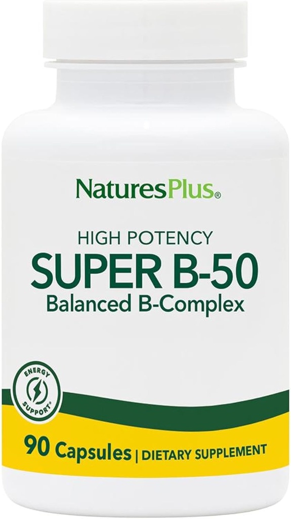 Natures Plus Super B50-90 Κάψουλες χορτοφαγικής - Υψηλής ισχύος συμπλήρωμα βιταμίνης Β - Εγκέφαλος & Ενέργειες Booster - Χωρίς γλουτένη - 90 Σερβιέτες